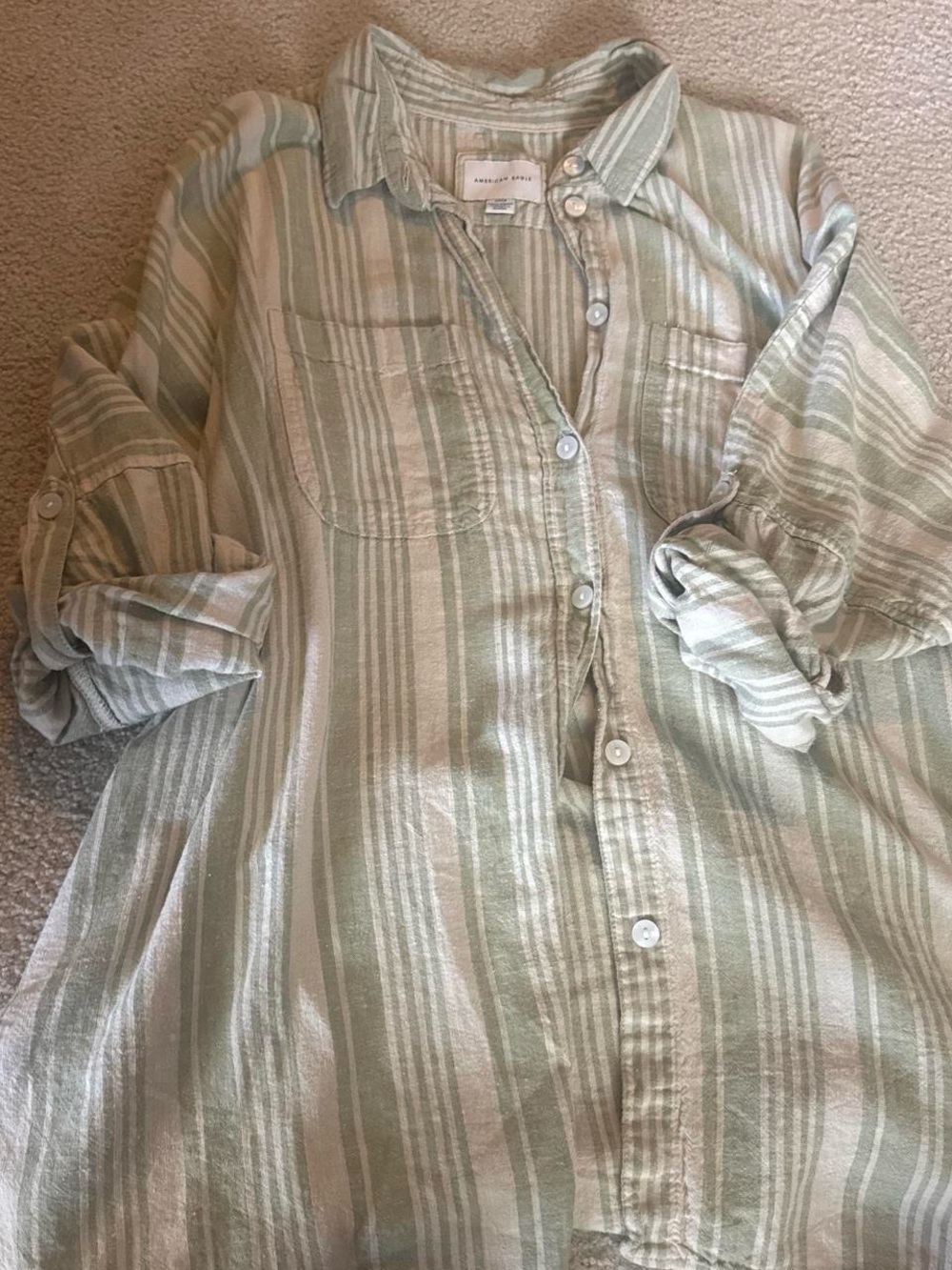 American Eagle Outfitters Light Sage and Cream Striped Button-Down